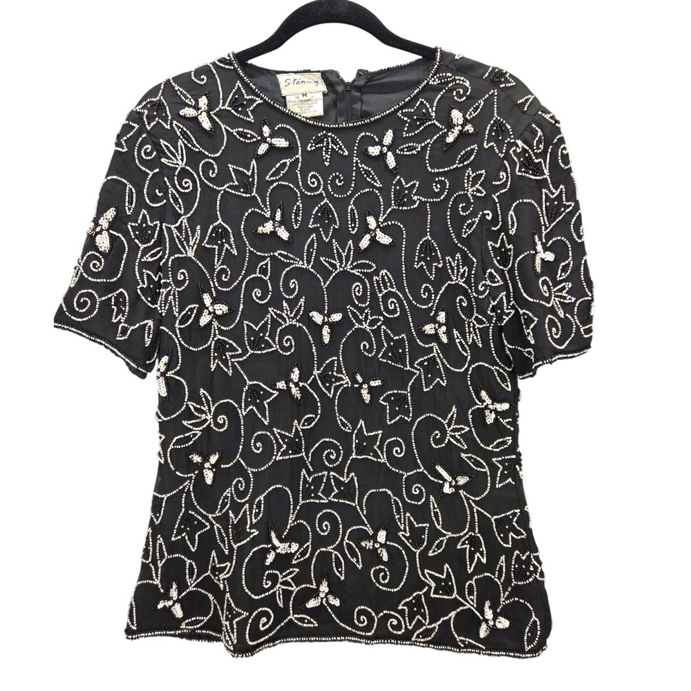 Stenay Sequined Short Sleeved Beaded Black and White Silk Blouse Floral M